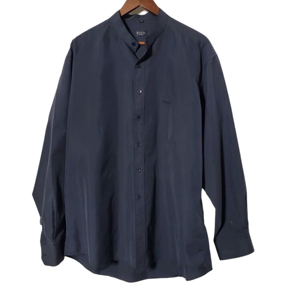 Paul Smith London Button Up Shirt Size 44 Mandarin Collar Gray Long Sleeve Mens